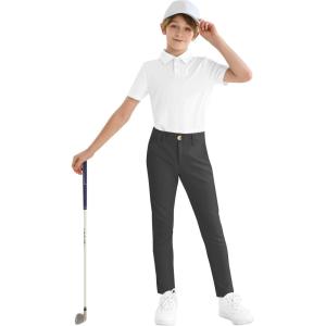 imageBoys Golf Pants Stretch Slim Fit Flat Front School Uniform Youth Chino Performance Khaki Dress Pant with Zipper PocketBlack
