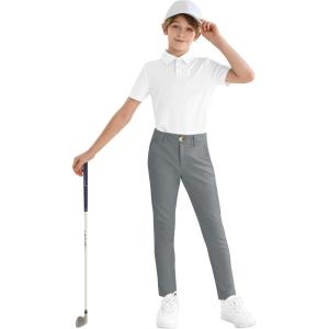 imageBoys Golf Pants Stretch Slim Fit Flat Front School Uniform Youth Chino Performance Khaki Dress Pant with Zipper PocketGrey