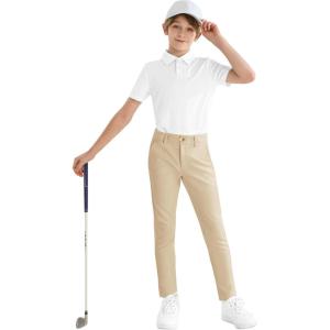 imageBoys Golf Pants Stretch Slim Fit Flat Front School Uniform Youth Chino Performance Khaki Dress Pant with Zipper PocketKhaki