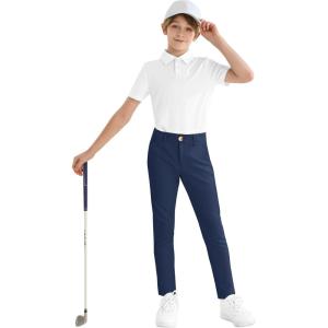 imageBoys Golf Pants Stretch Slim Fit Flat Front School Uniform Youth Chino Performance Khaki Dress Pant with Zipper PocketNavy