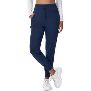 imageWomens Fleece Lined Joggers Hiking WaterResistant Sweatpants with Zip Pockets Winter Thermal Running Ski Golf PantsNavy Blue