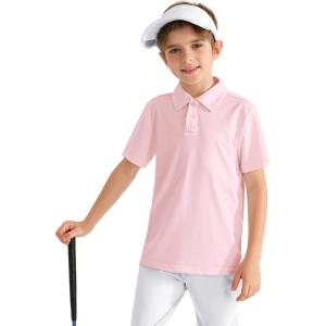 imageBoys Performance Polo Shirt  Golf Grid Short Sleeve Collar Shirts Youth Stretch Quick Dry Lightweight Athletic UPF50Pink