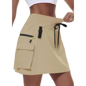 imageWomens Hiking Cargo Skort Skirt High Waisted Golf Dressy Casual with Zipper Pockets Workout Sport Quick Dry SkirtsDark Khaki