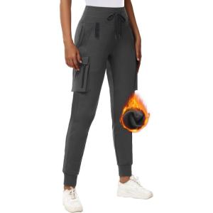 imageWomens Fleece Lined Hiking Joggers Pants Hight Waist Water Resistant Winter Cold Weather Thermal Sweatpant Cargo PocketGrey