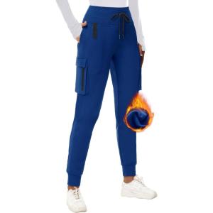 imageWomens Fleece Lined Hiking Joggers Pants Hight Waist Water Resistant Winter Cold Weather Thermal Sweatpant Cargo PocketNavy Blue