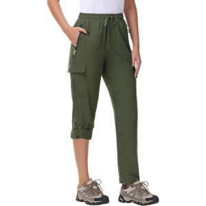 imageWomens Hiking Cargo Pants Quick Dry Lightweight Water Resistant UPF 50 Travel Athletic Pants with Zipper PocketsArmy Green
