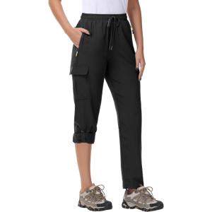imageWomens Hiking Cargo Pants Quick Dry Lightweight Water Resistant UPF 50 Travel Athletic Pants with Zipper PocketsBlack