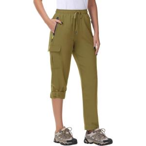imageWomens Hiking Cargo Pants Quick Dry Lightweight Water Resistant UPF 50 Travel Athletic Pants with Zipper PocketsKhaki