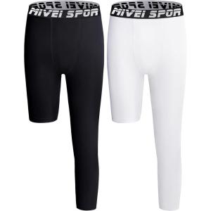 imageYouth Boys One Leg Compression Pants  34 Kids Basketball Tights Girls Football Soccer Leggings Sports Base Layer2pack BlackWhite Left Long