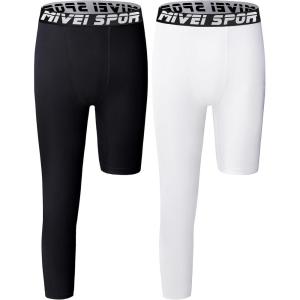 imageYouth Boys One Leg Compression Pants  34 Kids Basketball Tights Girls Football Soccer Leggings Sports Base Layer2pack BlackWhite Right Long