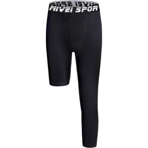 imageYouth Boys One Leg Compression Pants  34 Kids Basketball Tights Girls Football Soccer Leggings Sports Base LayerBlack Left Long