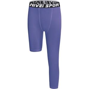 imageYouth Boys One Leg Compression Pants  34 Kids Basketball Tights Girls Football Soccer Leggings Sports Base LayerDark Purple Left Long
