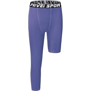 imageYouth Boys One Leg Compression Pants  34 Kids Basketball Tights Girls Football Soccer Leggings Sports Base LayerDark Purple Right Long