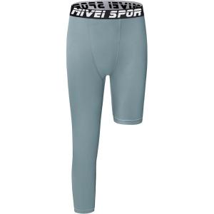 imageYouth Boys One Leg Compression Pants  34 Kids Basketball Tights Girls Football Soccer Leggings Sports Base LayerGrey Right Long
