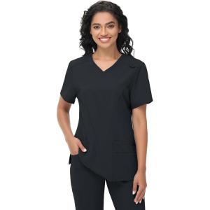 imageScrub Tops Women with 5 Pockets  Soft Stretch VNeck Nurse Shirt Scrubs AntiWrinkle Back Princess Seams Classic FitBlack