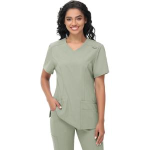 imageScrub Tops Women with 5 Pockets  Soft Stretch VNeck Nurse Shirt Scrubs AntiWrinkle Back Princess Seams Classic FitPale Green