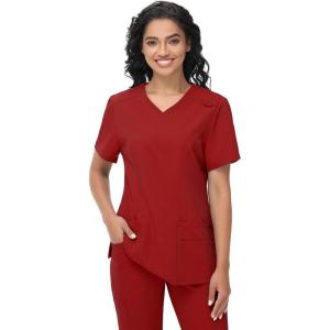 imageScrub Tops Women with 5 Pockets  Soft Stretch VNeck Nurse Shirt Scrubs AntiWrinkle Back Princess Seams Classic FitRed