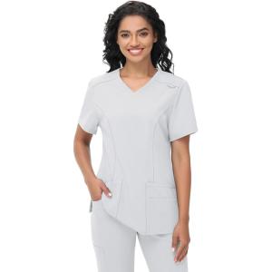 imageScrub Tops Women with 5 Pockets  Soft Stretch VNeck Nurse Shirt Scrubs AntiWrinkle Back Princess Seams Classic FitWhite
