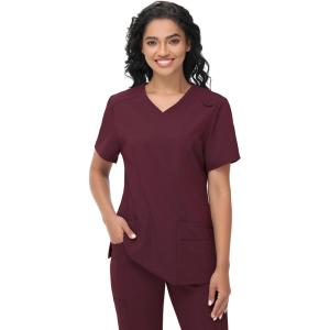 imageScrub Tops Women with 5 Pockets  Soft Stretch VNeck Nurse Shirt Scrubs AntiWrinkle Back Princess Seams Classic FitWine