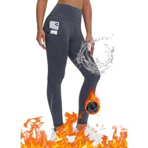 imageWomen Fleece Lined Leggings Zipper Pockets Winter Yoga Running Warm Pants Cold Weather Water Resistant Thermal TightsGrey