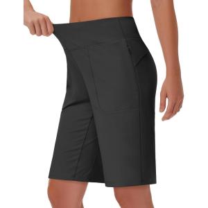 imageWomens 9quot Bermuda Short with Zipper Pockets High Waisted Stretch Pickleball Athletic Workout Running Casual Long ShortBlack