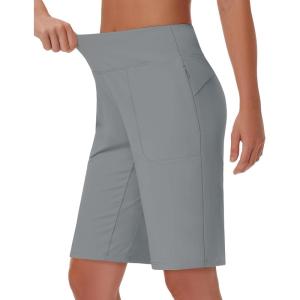 imageWomens 9quot Bermuda Short with Zipper Pockets High Waisted Stretch Pickleball Athletic Workout Running Casual Long ShortDark Grey