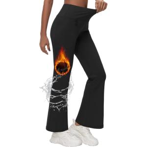 imageWomens Fleece Lined Flare Leggings Winter Warm Water Resistant Pants Outdoor Hiking Thermal Scrub Snow Travel Bootcut PantBlack