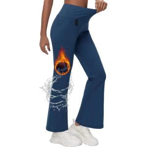 imageWomens Fleece Lined Flare Leggings Winter Warm Water Resistant Pants Outdoor Hiking Thermal Scrub Snow Travel Bootcut PantNavy Blue