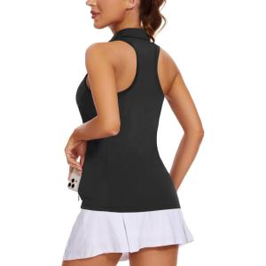 imageWomens Sleeveless Golf Shirts  Racerback Zip Up Tennis Athletic Polo Collar Tank Tops with Zip Pocket Quick Dry UPF50Black