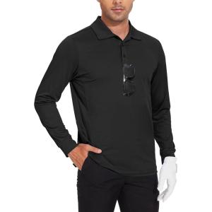 imageMens Long Sleeve Golf Polo Shirts Casual Athletic Performance Dress Work Collar Shirts Lightweight Quick Dry UPF50Black