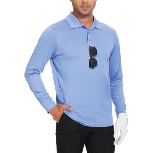 imageMens Long Sleeve Golf Polo Shirts Casual Athletic Performance Dress Work Collar Shirts Lightweight Quick Dry UPF50Blue