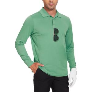imageMens Long Sleeve Golf Polo Shirts Casual Athletic Performance Dress Work Collar Shirts Lightweight Quick Dry UPF50Green