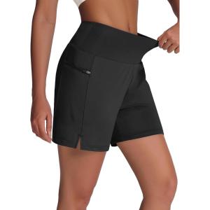 imageWomens 5quot Swim Shorts  Tummy Control High Waisted Loose Fitting with Zipper Pocket Liner Quick Dry Bottom UPF50Black