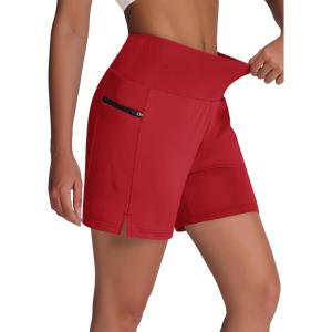 imageWomens 5quot Swim Shorts  Tummy Control High Waisted Loose Fitting with Zipper Pocket Liner Quick Dry Bottom UPF50Red