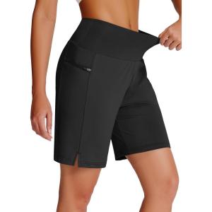 imageWomens 7quot Long Swim Board Shorts  High Waisted Quick Dry Beach Swimming Swimsuit Bottom with Liner Zip Pockets UPF5001black