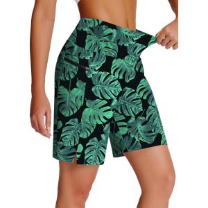 imageWomens 7quot Long Swim Board Shorts  High Waisted Quick Dry Beach Swimming Swimsuit Bottom with Liner Zip Pockets UPF5005leaf