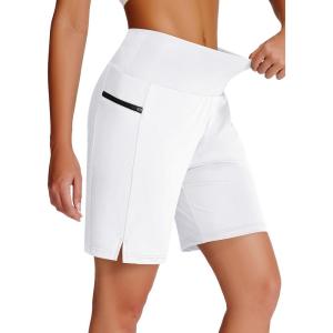 imageWomens 7quot Long Swim Board Shorts  High Waisted Quick Dry Beach Swimming Swimsuit Bottom with Liner Zip Pockets UPF5008white