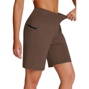 imageWomens 7quot Long Swim Board Shorts  High Waisted Quick Dry Beach Swimming Swimsuit Bottom with Liner Zip Pockets UPF5011brown