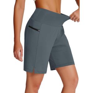 imageWomens 7quot Long Swim Board Shorts  High Waisted Quick Dry Beach Swimming Swimsuit Bottom with Liner Zip Pockets UPF5015grey