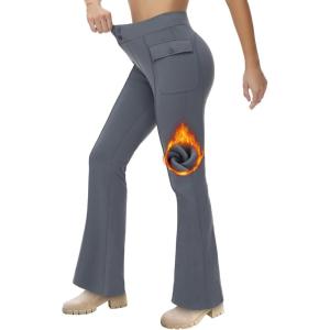 imageWomens Fleece Lined Pants Winter Warm Leggings Water Resistant Flare Bootcut Hiking Thermal Outdoor Cargo PocketsGrey