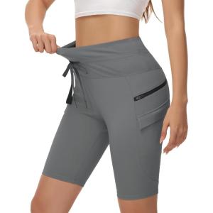 imageWomens Hiking Biker Shorts 9 Inch Cargo High Waisted Bike Running Athletic Workout Gym Travel Shorts with Zip PocketsDark Gray