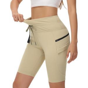 imageWomens Hiking Biker Shorts 9 Inch Cargo High Waisted Bike Running Athletic Workout Gym Travel Shorts with Zip PocketsKhaki