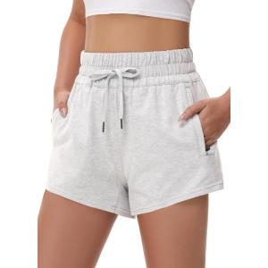 imageWomens Cotton Sweat Shorts with Zipper Pockets High Waisted Tummy Control Soft Comfy Athletic Workout Lounge Short 2024White