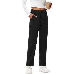 imageWomens Cotton Yoga Sweatpants  Athletic Casual Lounge Open Bottom Straight Leg Loose Sweat Pants with Zip PocketsBlack
