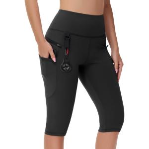 imageWomens Hiking Long Shorts Knee Length Capri Leggings with Zip Pockets High Waisted Biker Short Athletic Outdoor TravelBlack