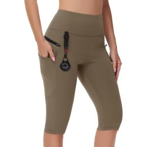 imageWomens Hiking Long Shorts Knee Length Capri Leggings with Zip Pockets High Waisted Biker Short Athletic Outdoor TravelDark Brown