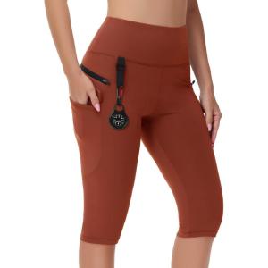 imageWomens Hiking Long Shorts Knee Length Capri Leggings with Zip Pockets High Waisted Biker Short Athletic Outdoor TravelDate Red