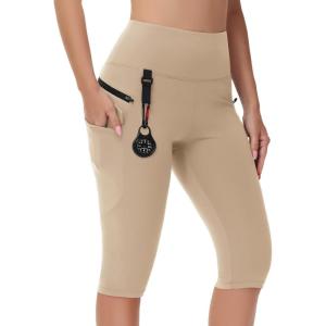 imageWomens Hiking Long Shorts Knee Length Capri Leggings with Zip Pockets High Waisted Biker Short Athletic Outdoor TravelKhaki