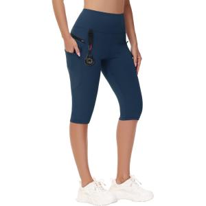 imageWomens Hiking Long Shorts Knee Length Capri Leggings with Zip Pockets High Waisted Biker Short Athletic Outdoor TravelNavy