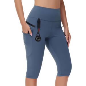 imageWomens Hiking Long Shorts Knee Length Capri Leggings with Zip Pockets High Waisted Biker Short Athletic Outdoor TravelNavy Blue